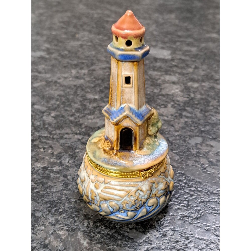 Glazed Ceramic Hinged Lighthouse Trinket Box 5.25" Tall